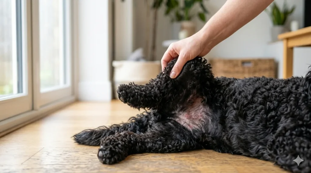 A Black curly coated Cockapoo receiving a gentle skin check on its belly which reveals reddish irritation for the common health signs