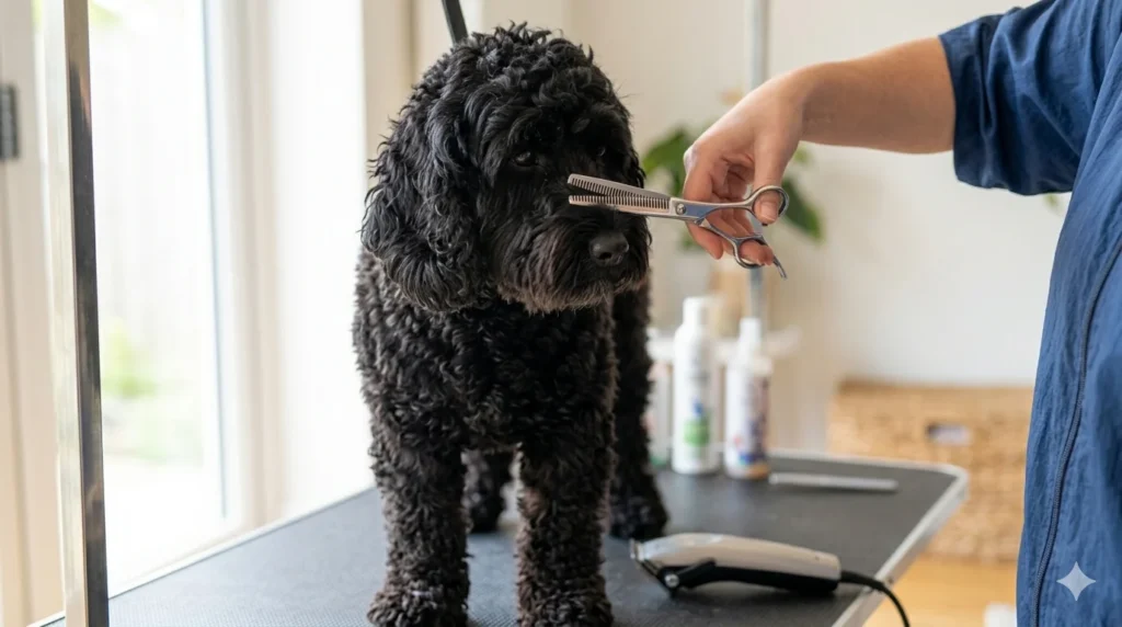 A Black curly coated Cockapoo receiving a precise facial trim near the nose with fine tipped silver shears