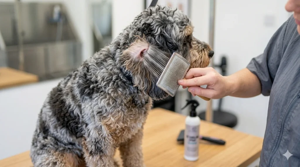 A Blue Merle curly coated Cockapoo receiving a line brushing treatment behind the ear with a slicker brush demonstrating how to part the hair to reach the skin