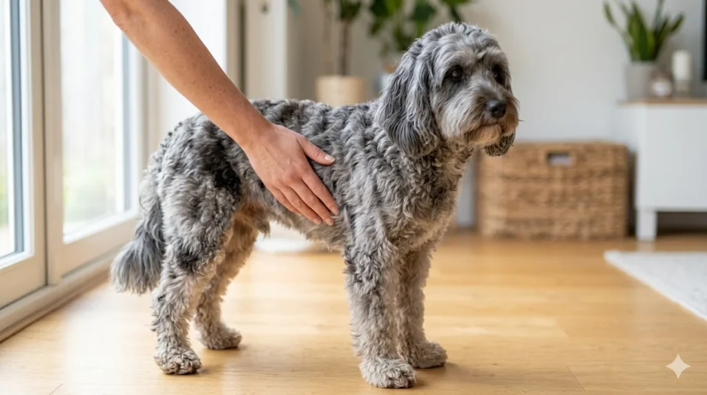 A Blue Merle wavy coated Cockapoo standing as an owner places their hands on its sides to perform a rib check