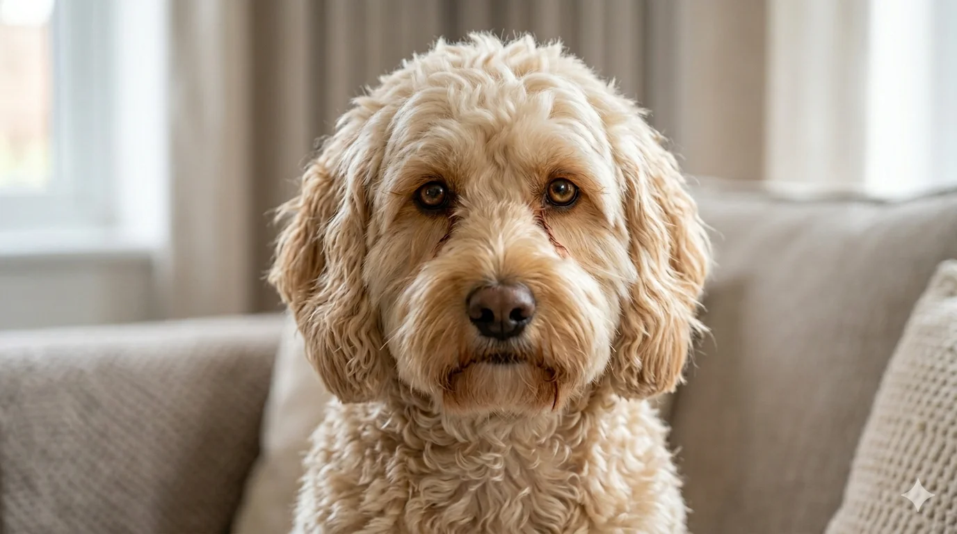 A Buff Cream wavy coated Cockapoo looking directly at the camera with realistic reddish brown tear stains under its eyes