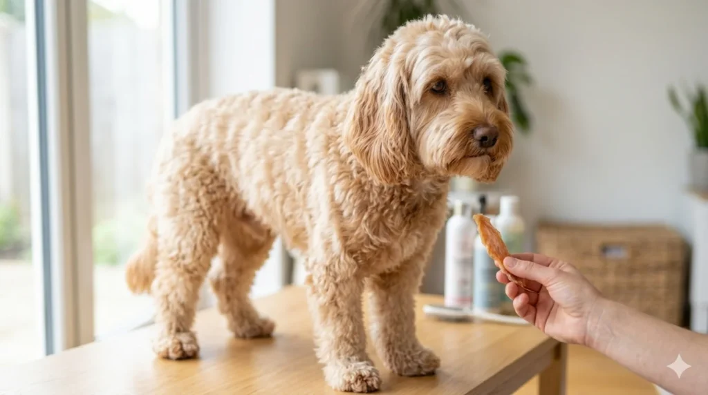 A BuffCream wavy coated Cockapoo with slight reddish skin irritation visible near its mouth receiving a single chicken treat as part of a structured re challenge diet trial to conf