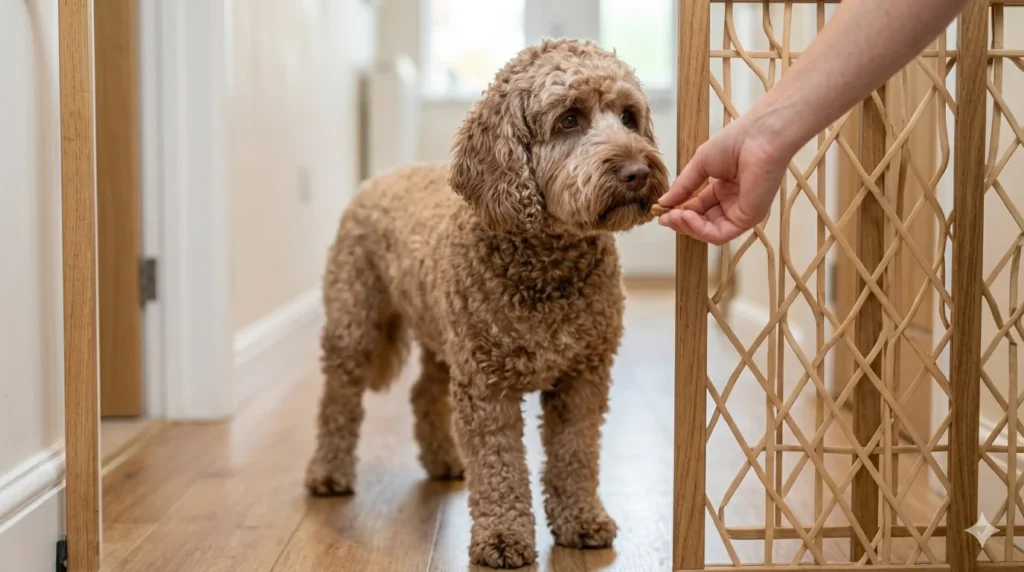 A Chocolate liver curly coated Cockapoo standing calmly behind a baby gate in a sunlit domestic hallway receiving a treat from its owner through the barrier as part of independence