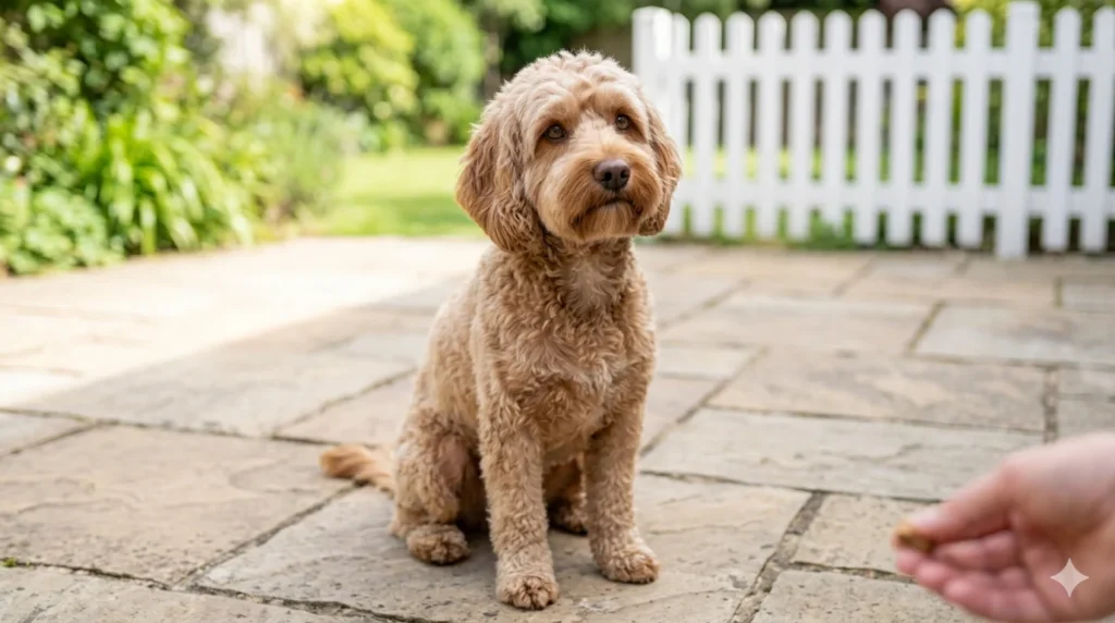 A Chocolate wavy coated Cockapoo with a short neat utility summer haircut sitting patiently on a rustic stone patio