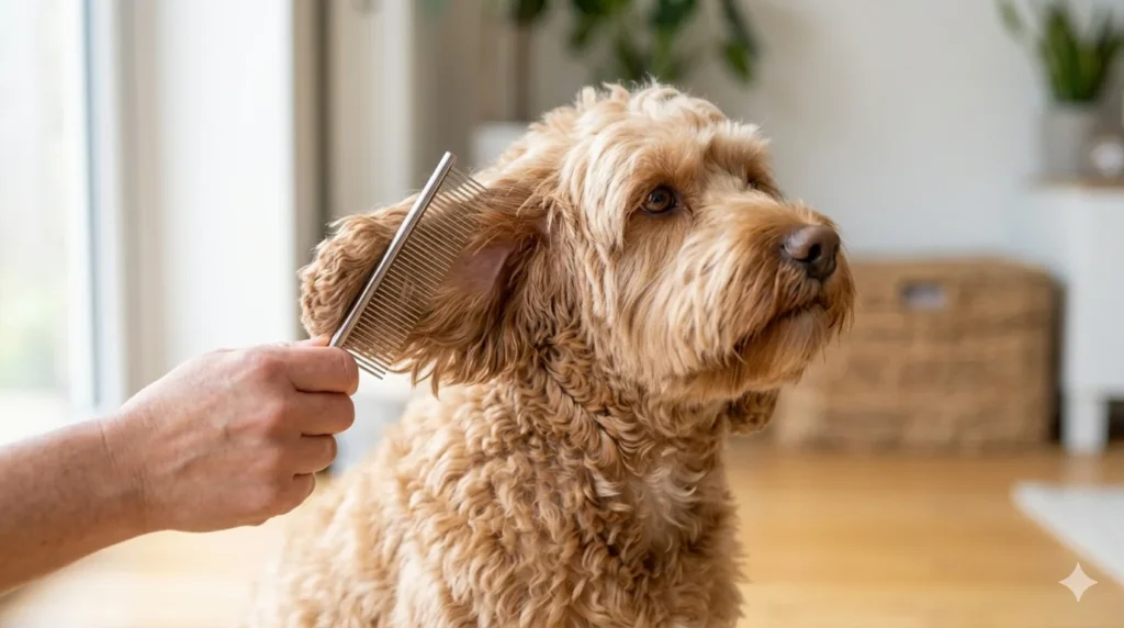 A Chocolate wavy coated Cockapoos head with a metal greyhound comb being gently run through the fine hair behind the ear to ensure no hidden mats remain