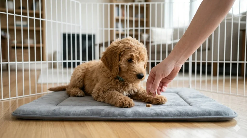 A Cockapoo puppy being rewarded with a treat for lying calmly on its bed during a settle training session