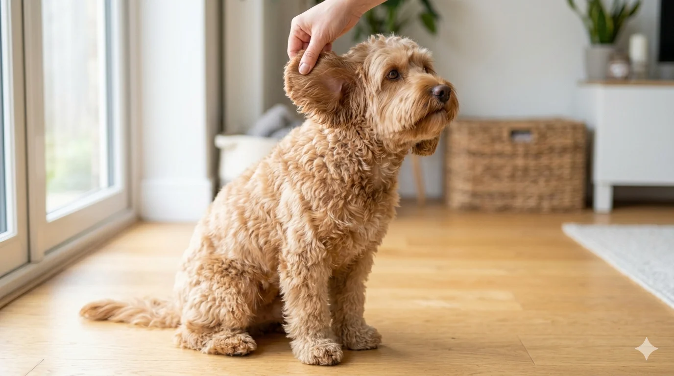 A Red Apricot wavy coated Cockapoo sitting patiently while an owners hand gently lifts its ear flap at the base to check the sensitive area for early signs of matting