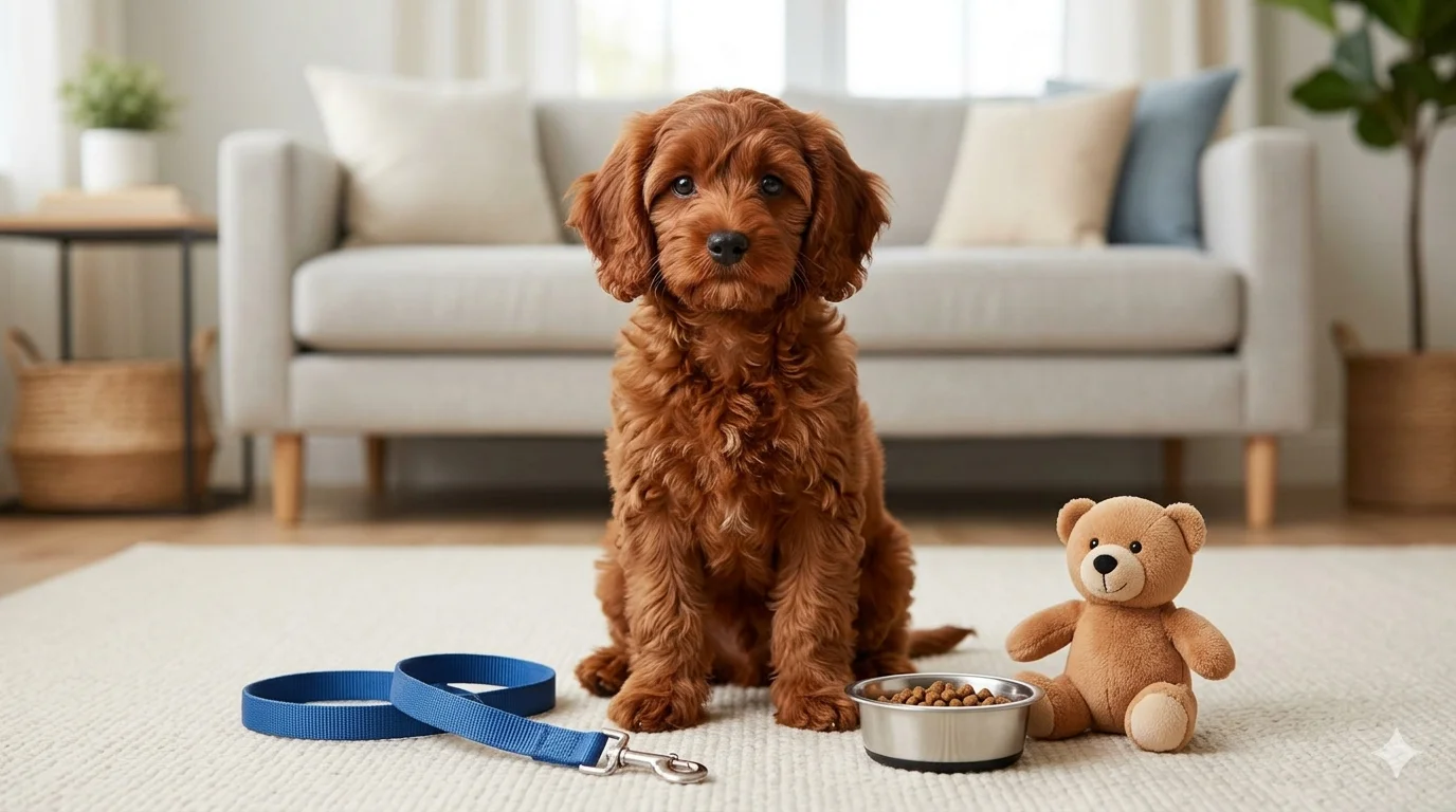 A Ruby deep red Cavapoo puppy sitting calmly in a cozy living room surrounded by a new blue leash food bowl and one simple plush teddy bear toy
