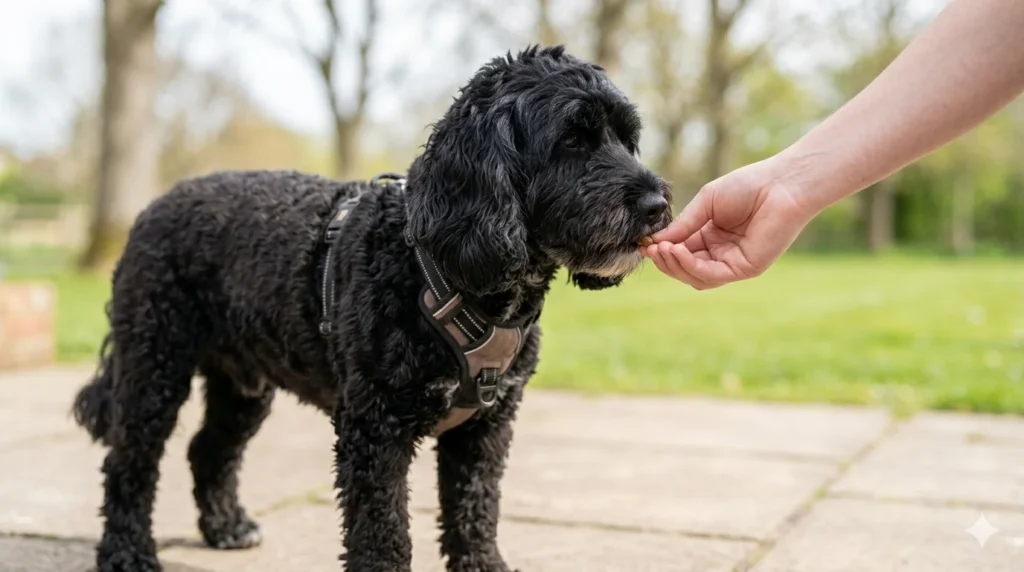 A Solid Black slightly wavy coated Cockapoo standing happily on a park pathway wearing a harness while its owner offers a treat during calm exercise