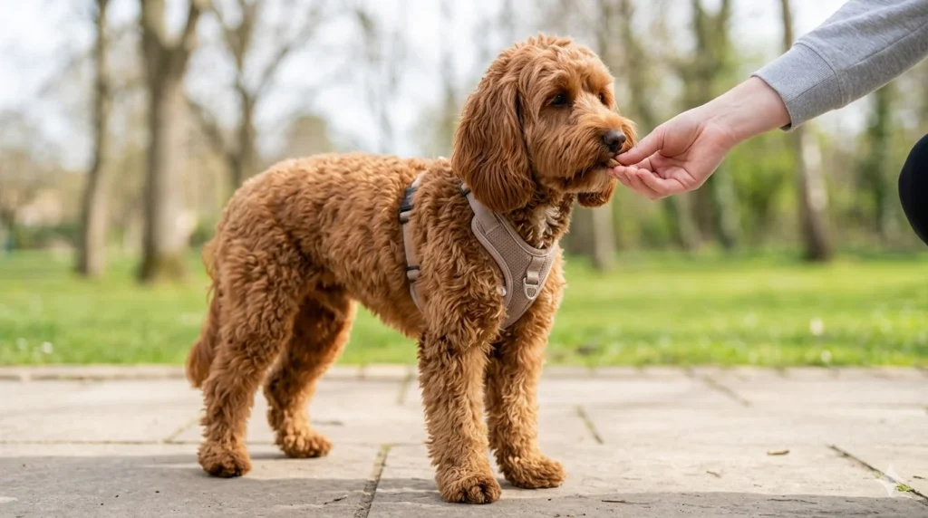 A Solid Red slightly wavy coated Cockapoo standing happily on a park pathway wearing a harness while its owner offers a treat during calm exercise
