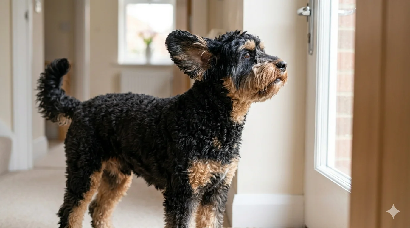 A black and tan wavy coated Cockapoo standing intensely alert in a modern apartment entryway ears perked and body focused directly on the front door handle illustrating the alert bar