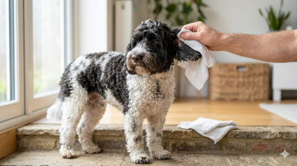 A black and white Parti color curly Cockapoo standing patiently while an owner thoroughly dries inside the ear flap with a soft white cloth demonstrating simple moisture removal