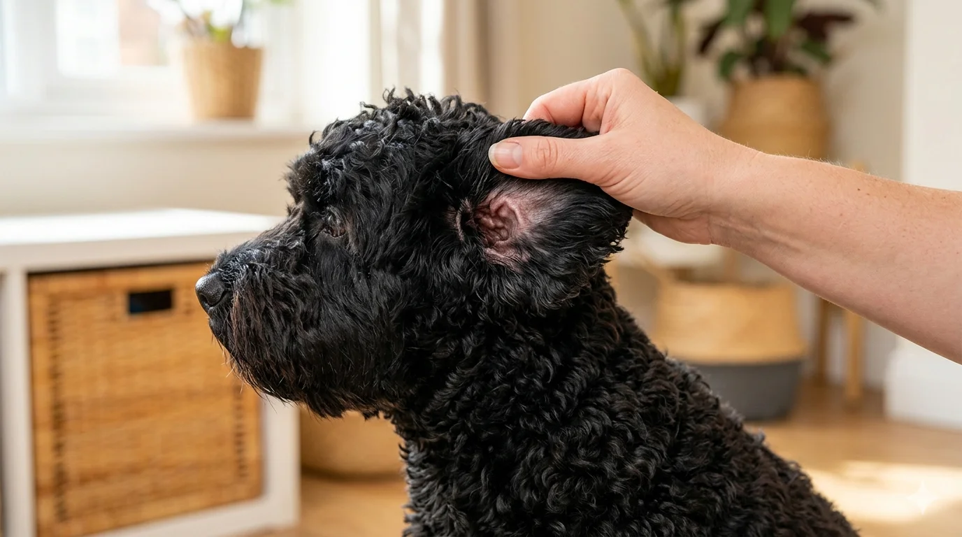 A black curly coated Cockapoo sitting calmly while an owner gently lifts the ear flap to inspect the canal for redness or discharge illustrating a proactive ear health check
