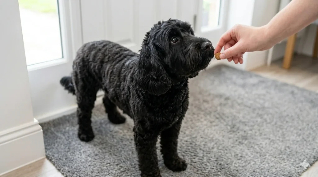 A black wavy coated Cockapoo standing calmly on an entryway mat while its owner holds a treat demonstrating trained impulse control and waiting manners