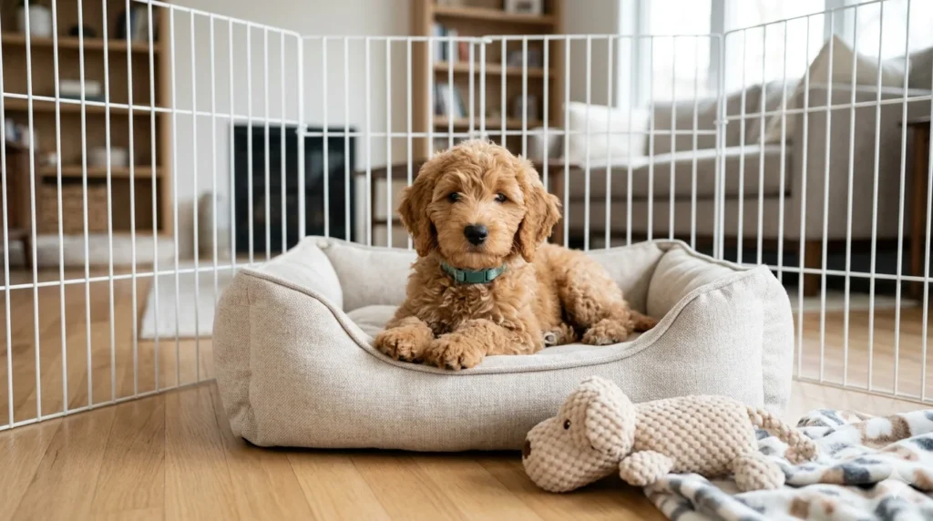 A calm Mini Goldendoodle puppy sitting contentedly in a white playpen demonstrating independence and relaxation