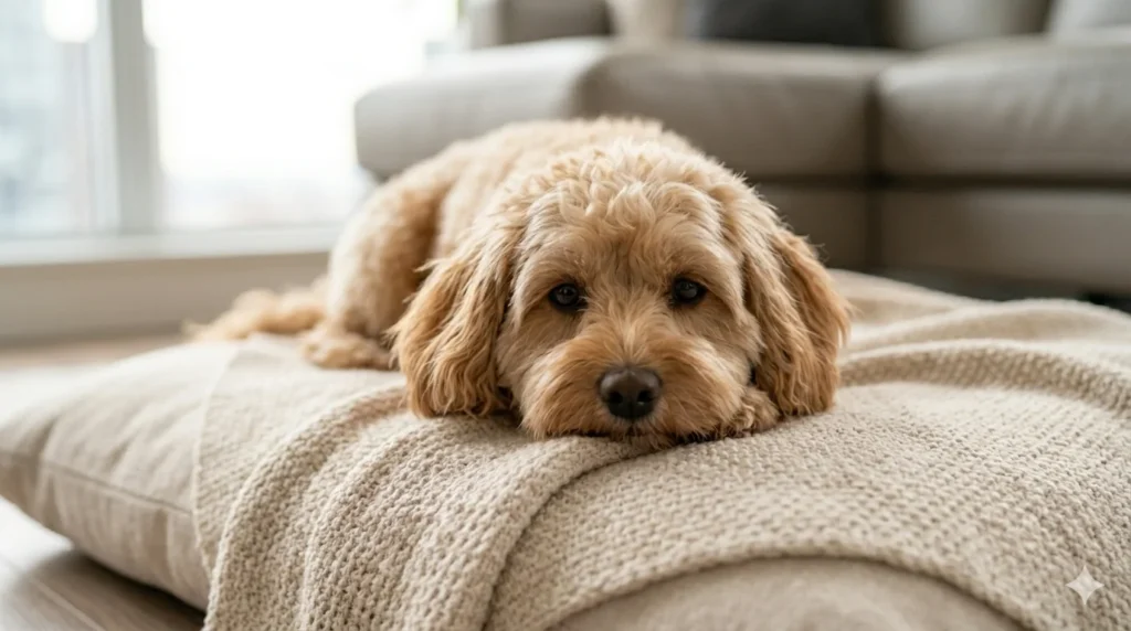 A calm apricot Cavapoo lying comfortably with its head resting on a soft knitted throw blanket on a living room floor 1