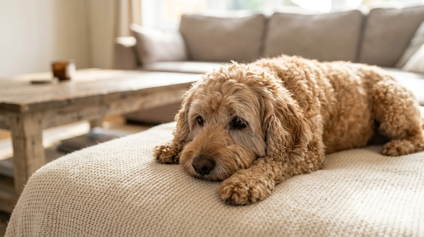 A candid photograph of a calm and gentle apricot colored senior Cockapoo lying comfortably on a soft knitted cream blanket