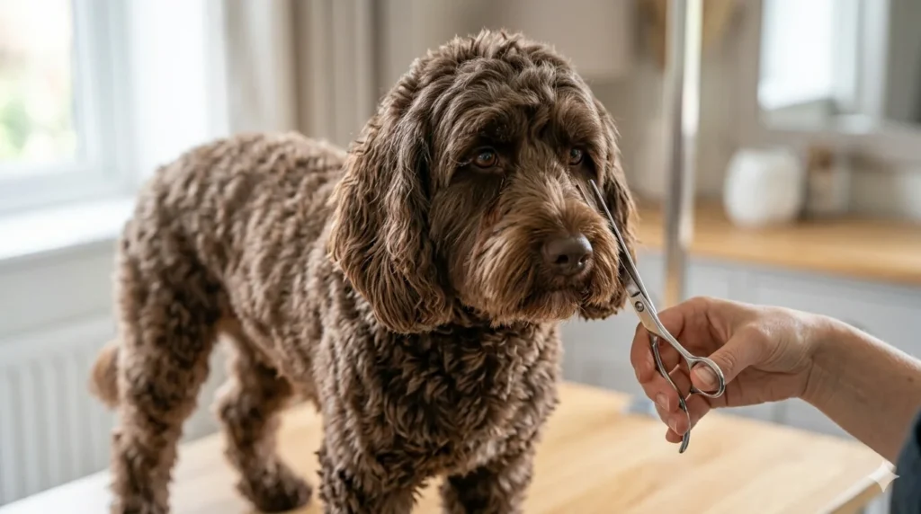 A chocolate wavy coated Cockapoo receiving a precise facial trim near the nose with fine tipped silver shears