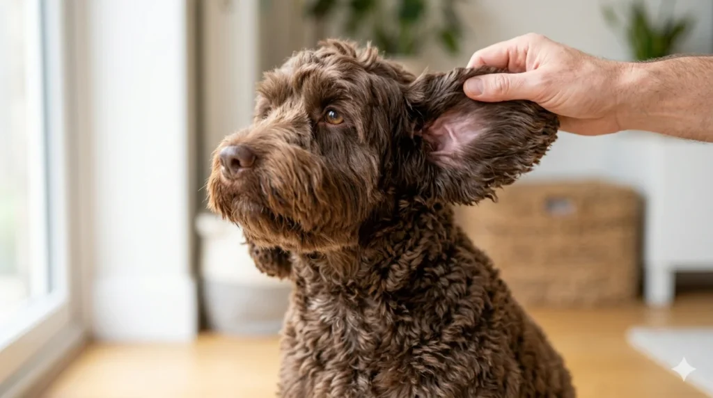 A chocolate wavy coated Cockapoo sitting patiently while an owners hand gently lifts the ear flap to peer inside the canal