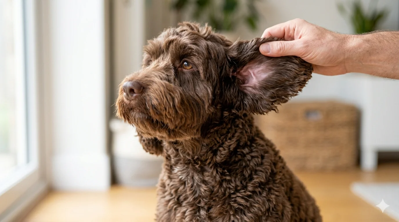 A chocolate wavy coated Cockapoo sitting patiently while an owners hand gently lifts the ear flap to peer inside the canal