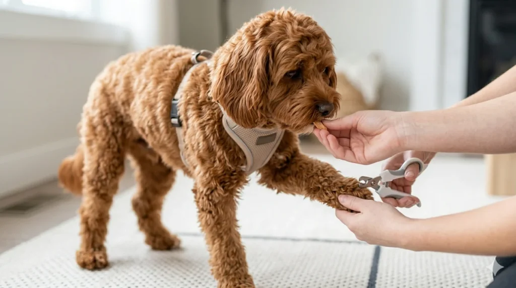 A clean solid red straight coat Cavapoo calmly stands on a non slip rug while its owner uses reward based positive reinforcement training to trim its front nails at home