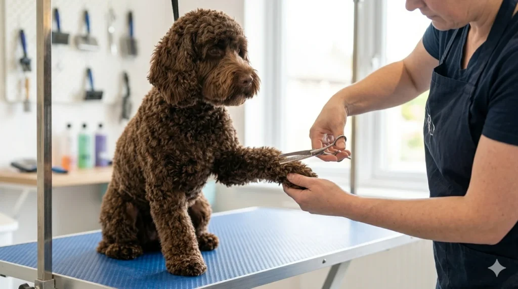A close up of a chocolate curly coated Cockapoo receiving a gentle paw trim during grooming handling illustrating trained cooperative care behaviors