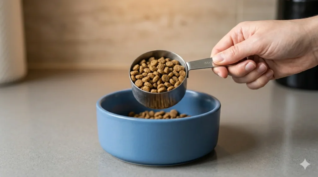 A close up photograph illustrating portion control for a senior Cockapoo a standard silver measuring cup is leveling off a scoop of small dry senior formula kibble over a blue ceramic