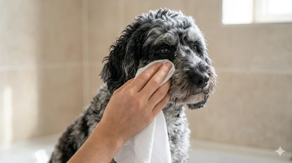 A close up photograph of a Blue Merle curly coated Cockapoo receiving a gentle pat dry under its eye with a soft white cloth