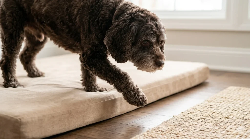 A close up photograph of a senior chocolate Cavapoo with a grey muzzle easily stepping its front paw onto a minimal 2 inch low profile orthopedic mattress dog bed
