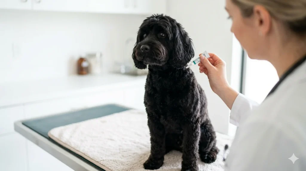 A close up photograph of a veterinarian applying a small dose of monthly preventative treatment directly to the base of a healthy solid black Cavapoos neck