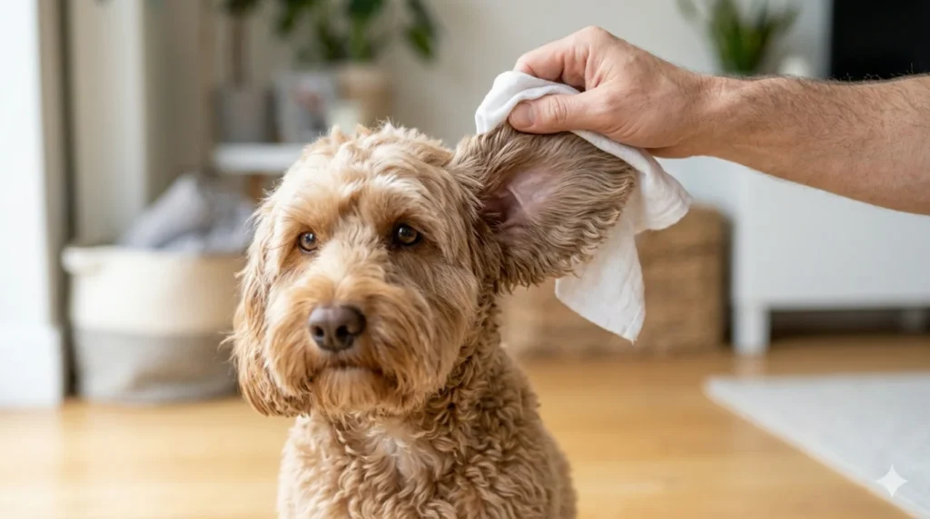 A close up photograph of a wavy coated apricot Cockapoo sitting patiently while an owners hand uses a soft white cloth to gently dry the inner ear flap illustrating a key preventativ