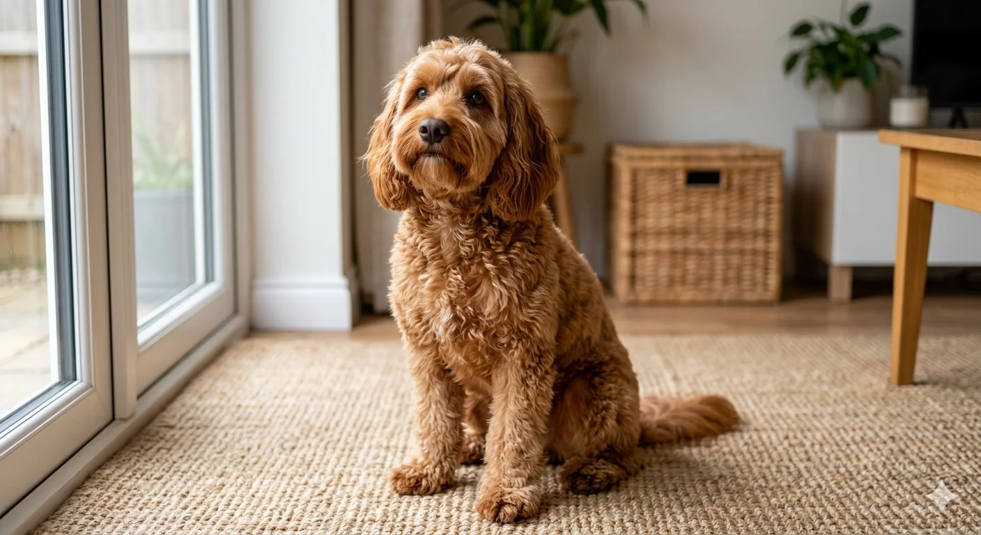 A close up portrait of an adult Red Apricot Cockapoo with a fit lean physique and wavy fleece coat sitting alertly on a textured rug near a sunlit window