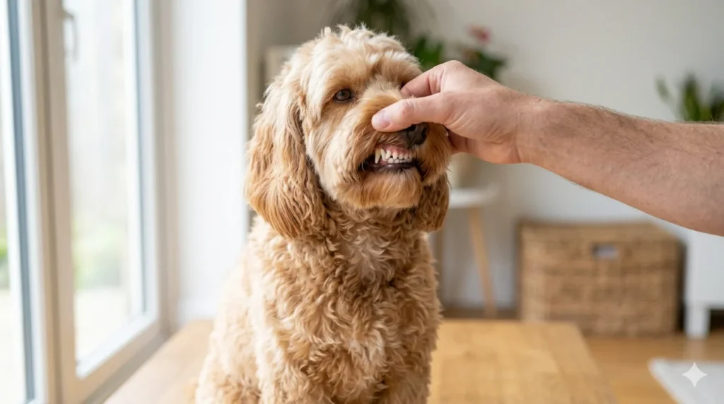 A cream colored wavy coated Cockapoo with its lip gently lifted by an owner to reveal clean white teeth and healthy pink gums demonstrating a routine dental health inspection