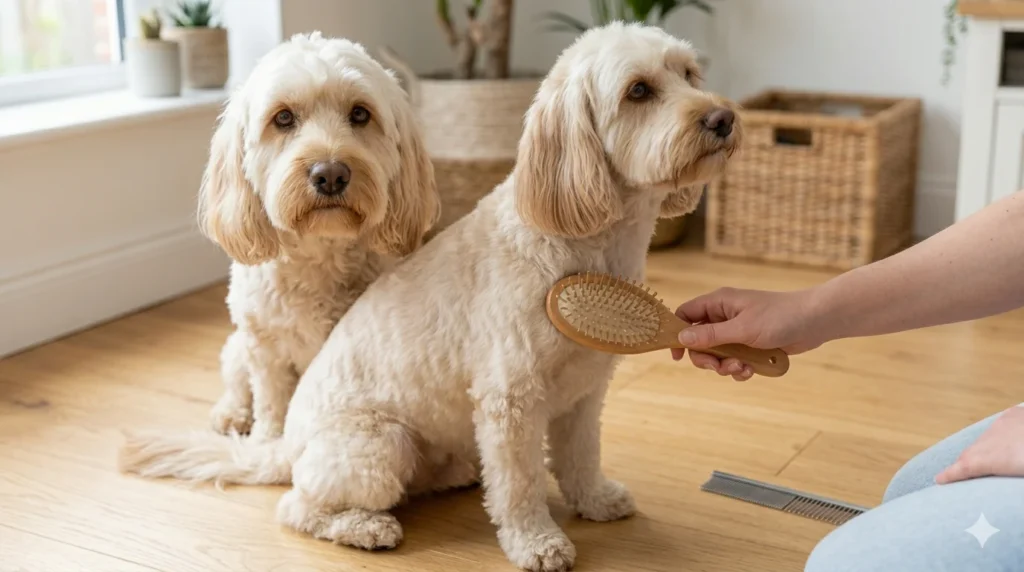 A cream straight coated Cockapoo receiving gentle grooming with a pin brush highlighting the appropriate tools for flatter coat types