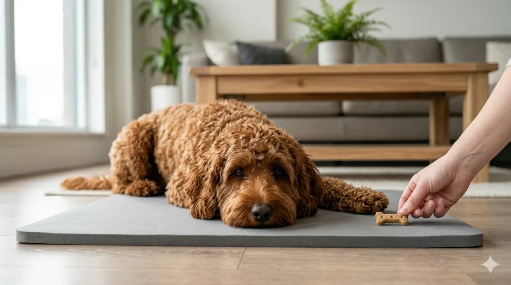 A dark red Cockapoo with a treat as it maintains a relaxed settle position on a training mat