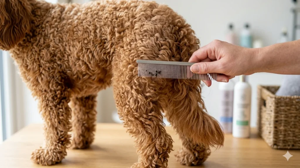 A fine toothed metal flea comb being run through the dense curls of a Red Apricot Cockapoo near the base of the tail to check for hidden parasites or flea dirt
