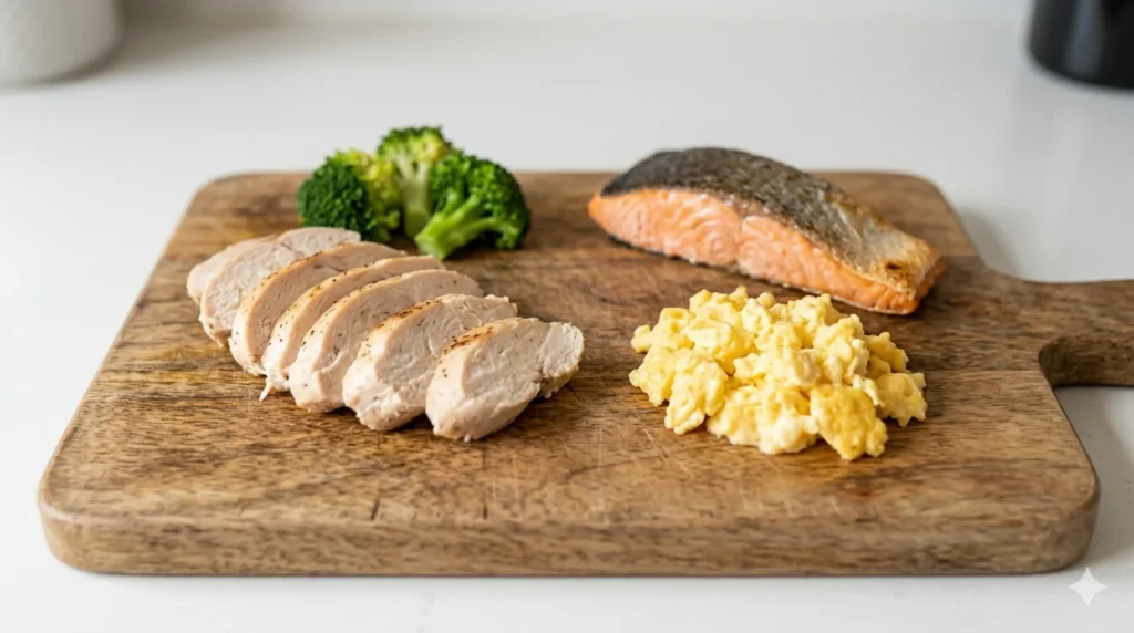 A high resolution photo showing fresh whole food ingredients for a senior Cockapoo diet including grilled chicken breast a piece of salmon scrambled eggs and sliced carrots