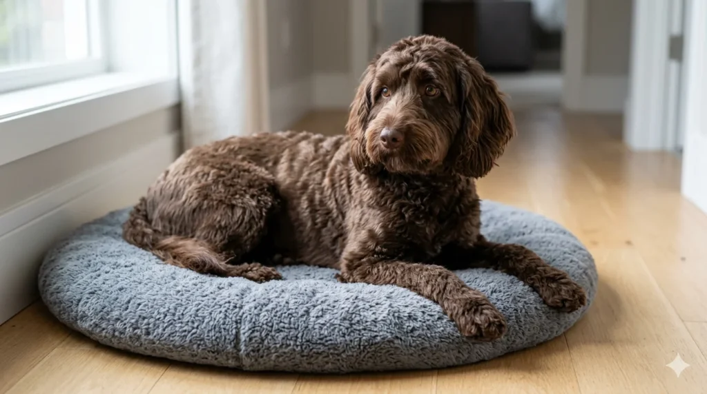 A mature chocolate wavy coated Cockapoo resting calmly and independently on a dedicated pet mat in a cozy domestic hallway demonstrating a trained settle default behavior