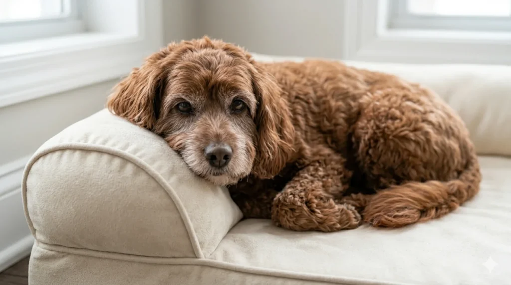 A peaceful photograph of a senior ruby colored Cavapoo with a grey muzzle tucked into the corner of an orthopedic bolster dog bed resting its chin comfortably on the raised supportive edge
