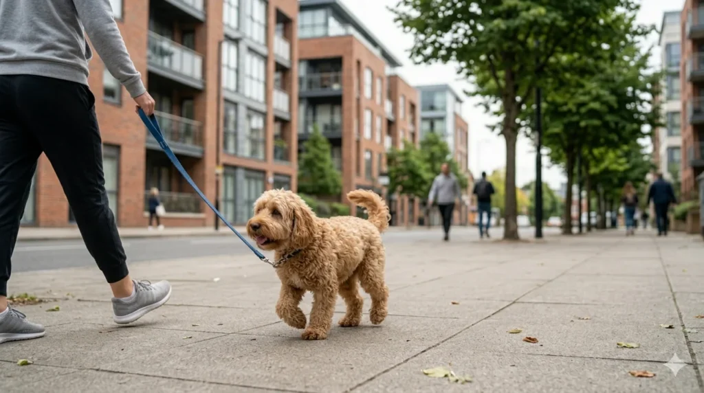 A person in casual attire walking a small wavy coated Cockapoo on a leash along a clean city sidewalk with modern apartment buildings and green trees in the background