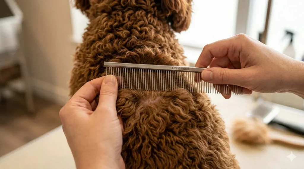 A photograph of a persons hands using a metal comb to perform line brushing on a Cockapoos thick curly coat showing the importance of reaching the skin to prevent hidden mats