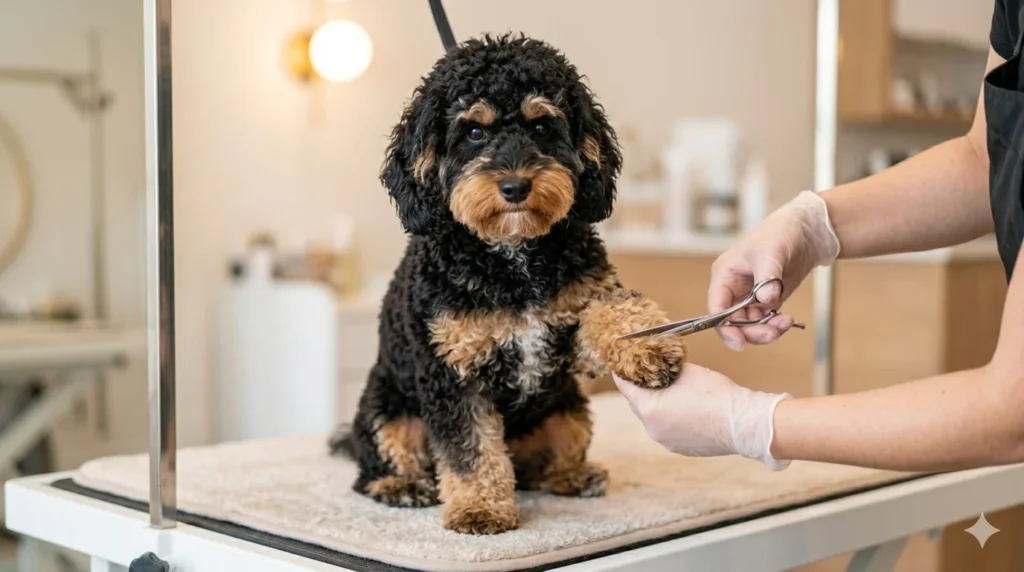 A professional pet groomer performs a final trim on the clean paw of a black and tan parti color curly coat Cavapoo in a well lit pet salon