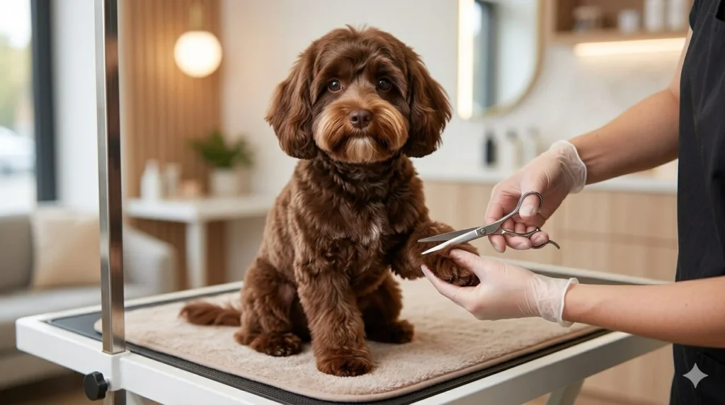 A professional pet groomer performs a final trim on the clean paw of a solid Chocolate liver Cavapoo in a well lit pet salon