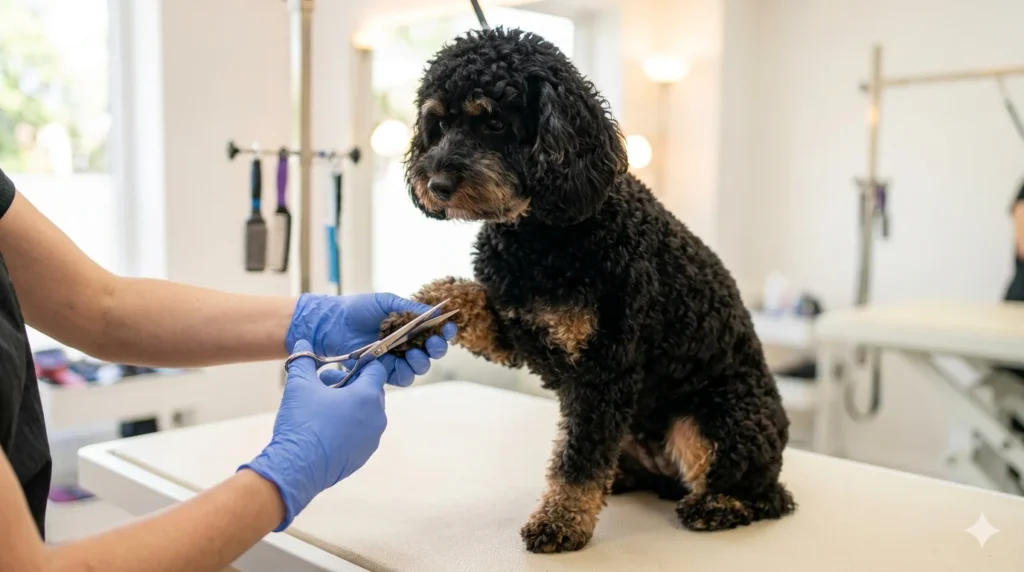 A professional pet groomer performs a precise trim on the clean paw of a tightly curly Poodle leaning black and tan parti color Cavapoo on a grooming table