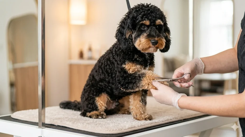 A professional pet groomer performs a precision trim on the clean paw of a tightly curly Poodle leaning black and tan parti color Cavapoo on a grooming table
