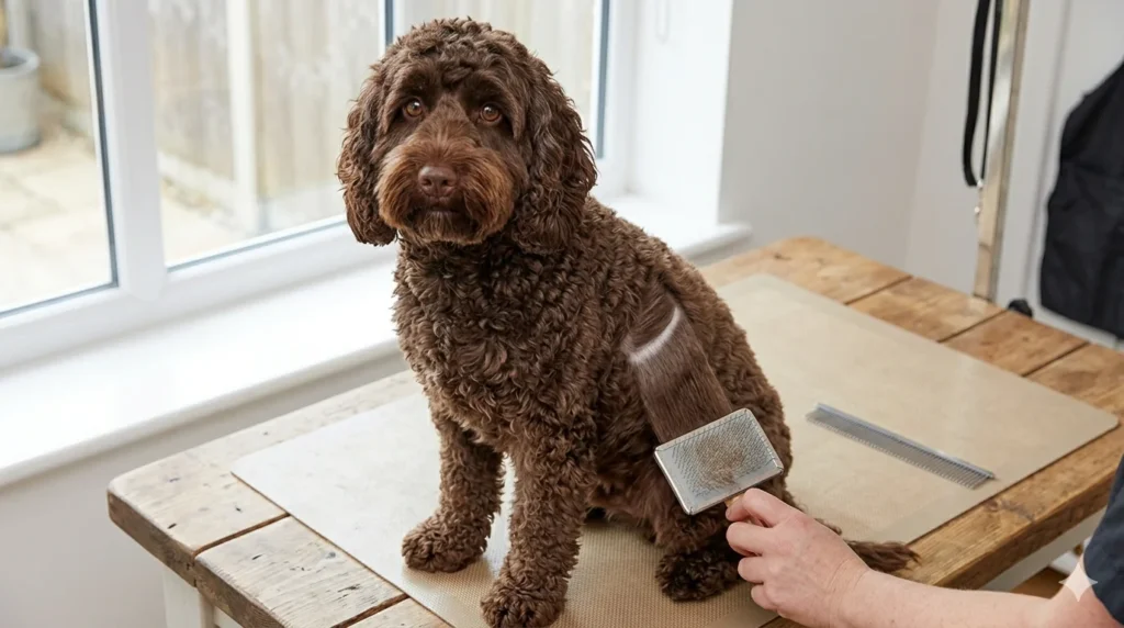 A professional photograph in a grooming studio of a chocolate curly coated Cockapoo being line brushed with a firm slicker illustrating the precise detangling required for poodle lean 1
