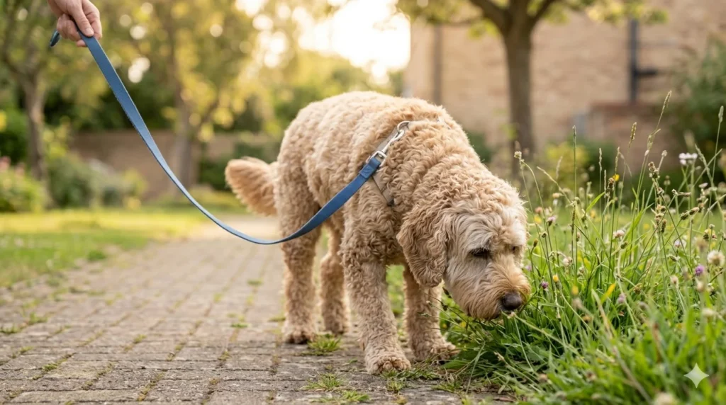A senior apricot Cockapoo with grey on its muzzle walking calmly its nose down sniffing a patch of green grass along a quiet garden path