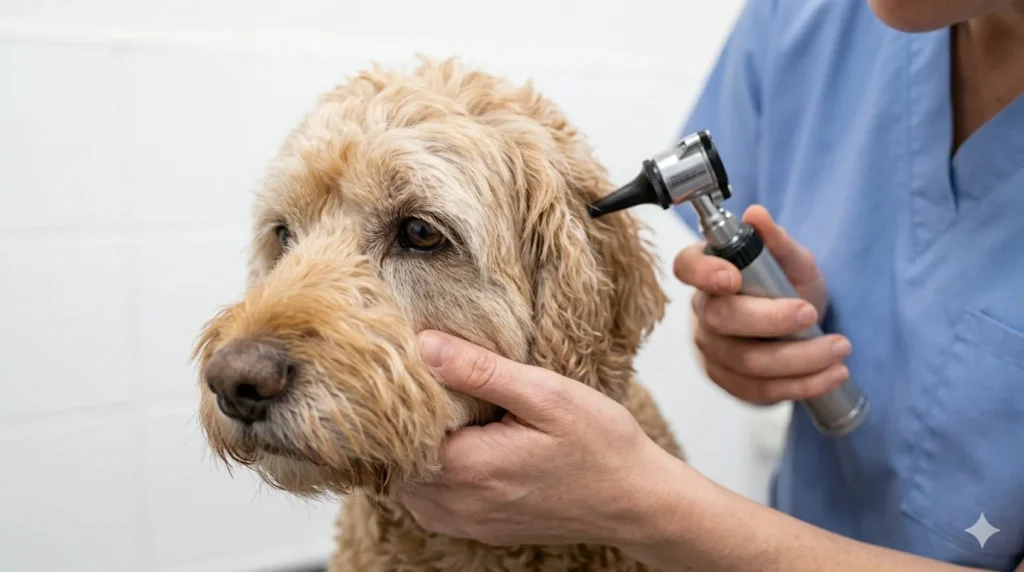 A senior apricot Cockapoos head being gently supported by a veterinarians hand during a thorough calm ear examination emphasizing proper medical care