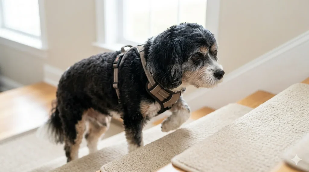 A senior black and tan Cavapoo wearing a supportive padded harness confidently climbs a flight of wooden stairs equipped with non slip carpet treads
