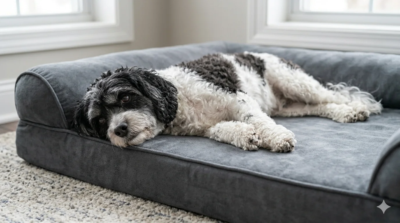 A senior black and white Parti Cavapoo with a grey muzzle resting completely relaxed on its side supported by a thick memory foam orthopedic dog bed in a cozy living room